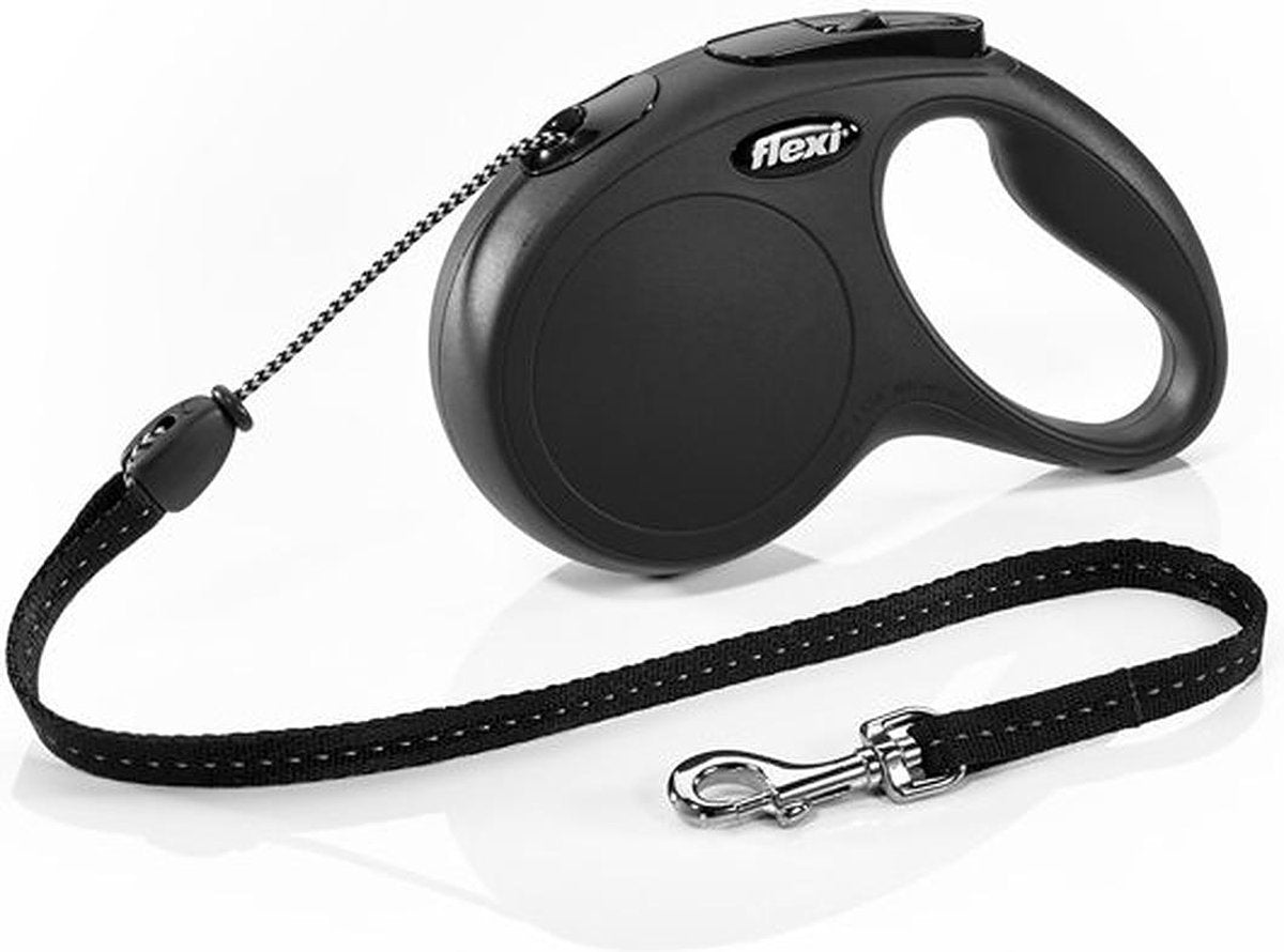 Flexi leiband met koord - Medium - Zwart - 5 meter