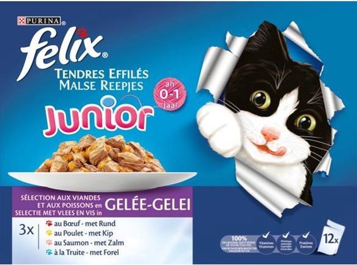 Purina Malse reepjes Junior in gelei - Vlees en vis 12 x 100 g - verpakt per 2 - 24 pakjes