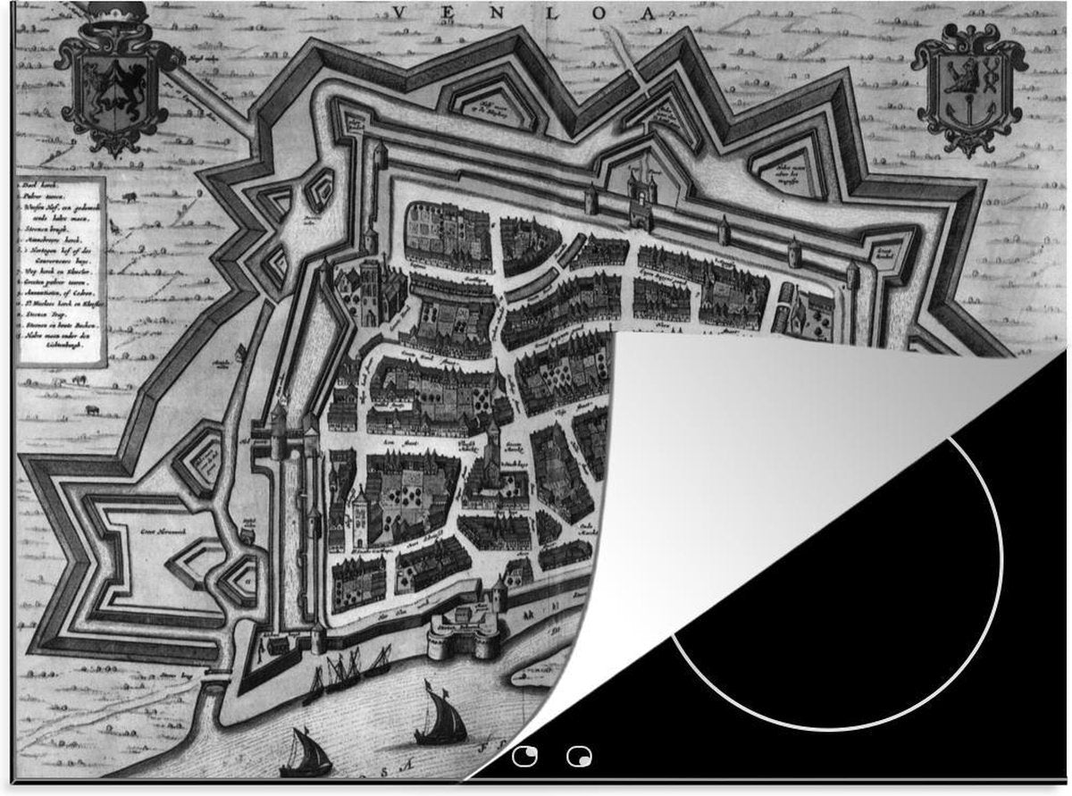 Luxe inductie beschermer Historische stadskaarten - 70x52 cm - historische oude stadskaart van Venlo in zwart wit  - inductiebeschermer