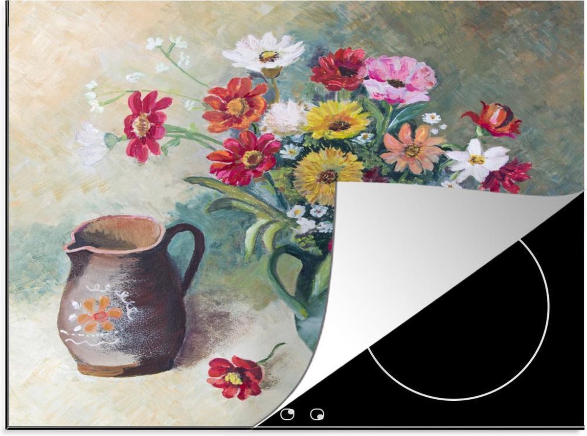 Luxe inductie beschermer Stillevens Abstract - 65x52 cm - Stilleven van kleurrijke bloemen in vaas  - inductiebeschermer