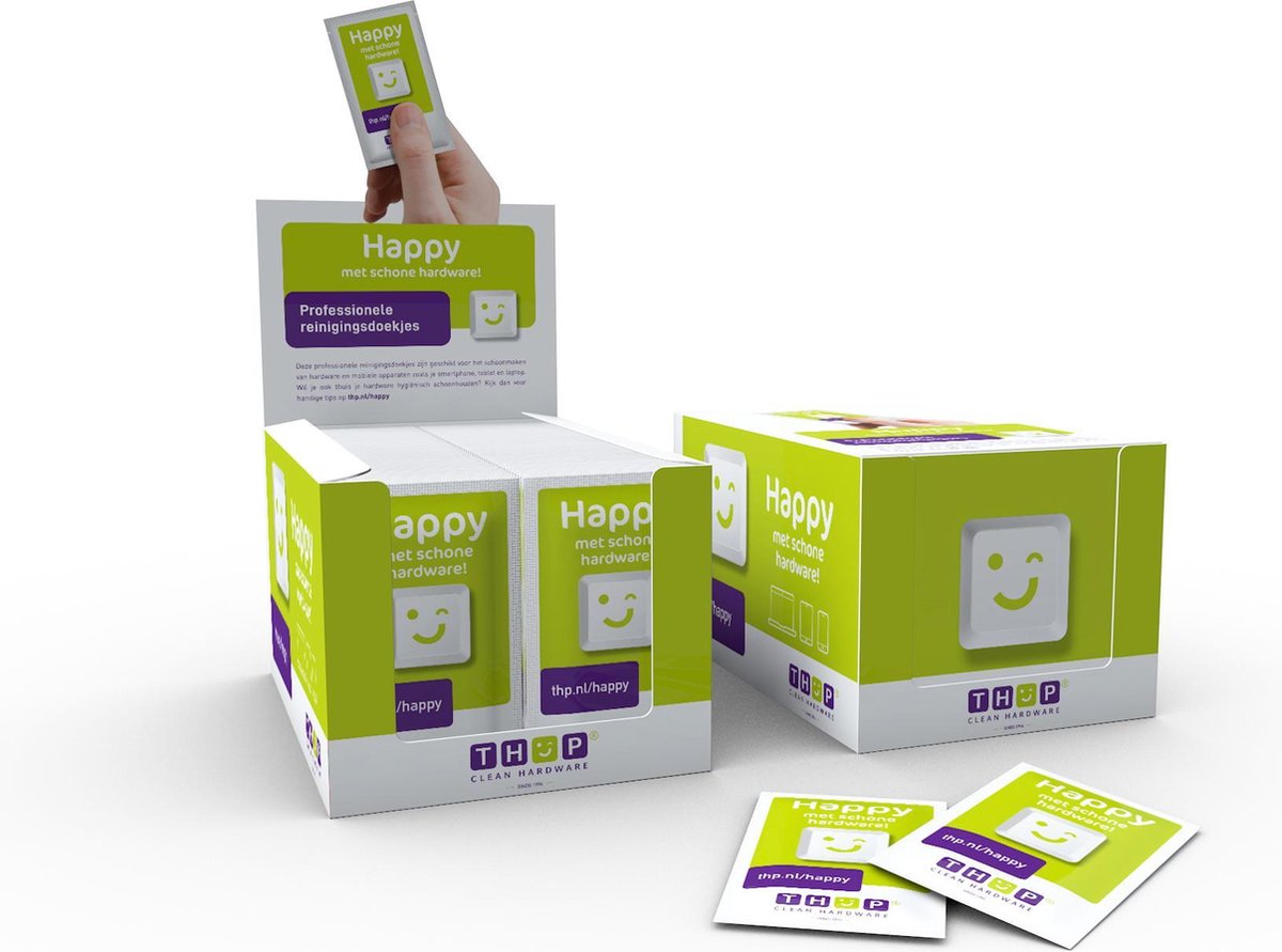 100 X Professionele reinigingsdoekjes voor o.a. toetsenbord/beeldscherm/smartphone/laptop van THP - Clean Hardware - 100 stuks in displaydoos - Happy met schone hardware
