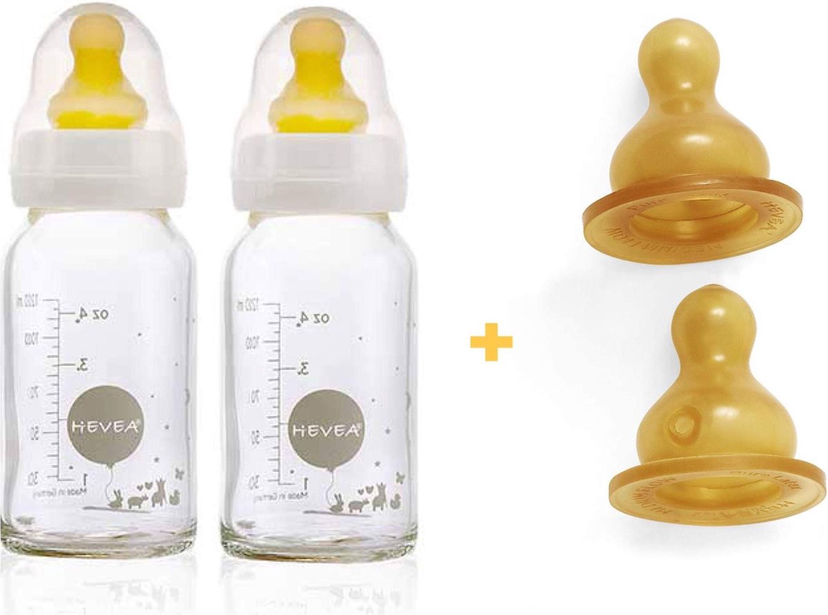 HEVEA glazen drinkfles | flessen met extra fles spenen slow flow 0-3 mnd |120 ml