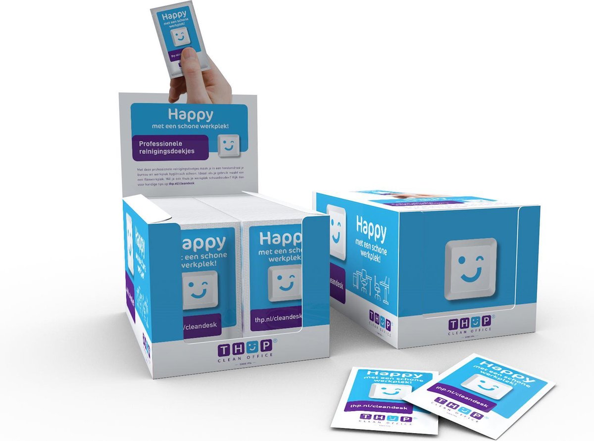 100 X Professionele reinigingsdoekjes voor o.a. bureau/werkplek/bureaustoel/kantoor van THP - Clean Office - 100 stuks in displaydoos - Happy met een schone werkplek