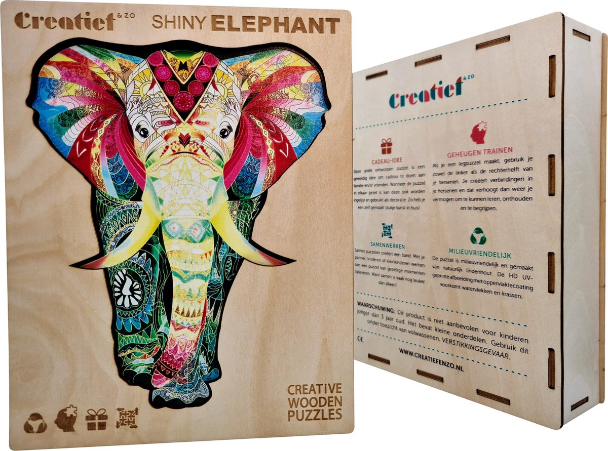 Stralende Olifant - Houten Puzzel Volwassenen - Jigsaw puzzels - A3 formaat