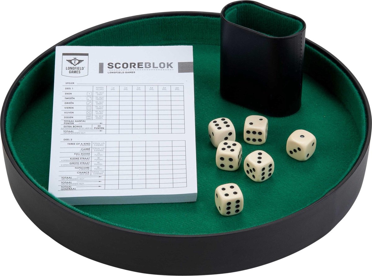 Dobbelpiste Dobbelset Rond Zwart Vinyl met Groen Vilt 26cm inclusief Dobbelbeker en Dobbelstenen
