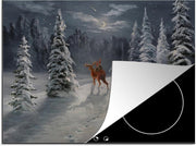 Luxe inductie beschermer Geschilderde Winter - 75x52 cm - Schilderij van rendier in winters landschap  - inductiebeschermer
