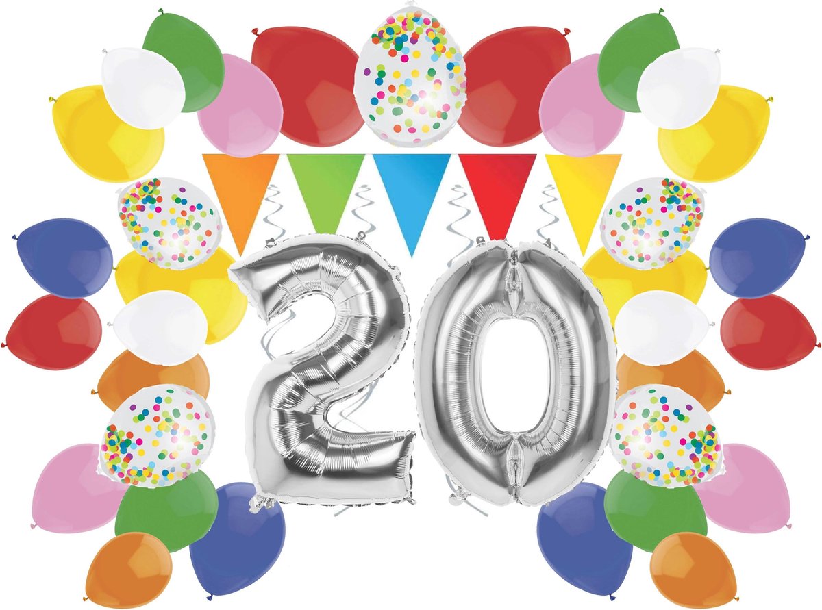 e-Carnavalskleding.nl Feestversiering pakket zilver 20 jaar | Versiering 20e verjaardag | 20 jaar feestversiering pakket zilver compleet | Leuk pakket zilver met feestartikelen voor de 20e verjaardag Medium
