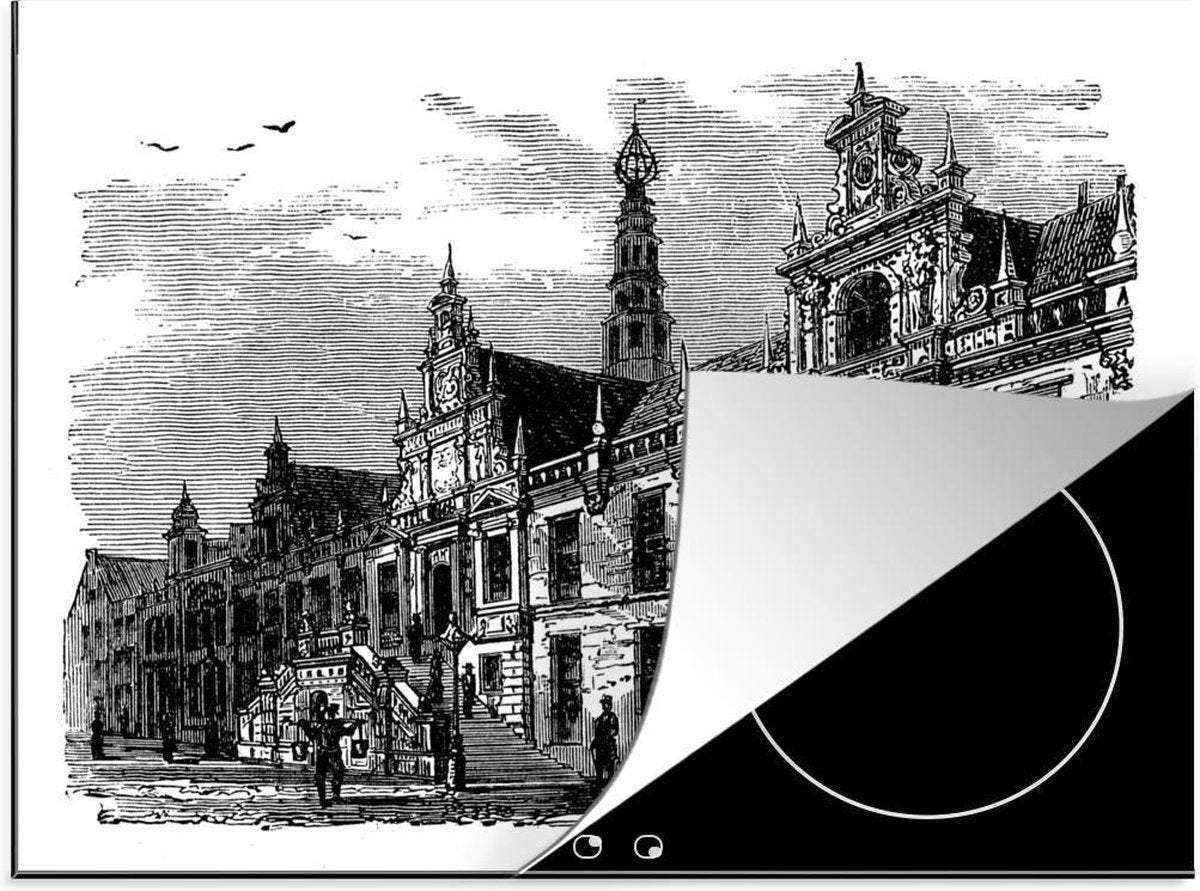 Luxe inductie beschermer Leiden illustratie - 75x52 cm - Zwart-wit illustratie van Leidse stadhuis  - inductiebeschermer