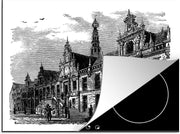 Luxe inductie beschermer Leiden illustratie - 75x52 cm - Zwart-wit illustratie van Leidse stadhuis  - inductiebeschermer
