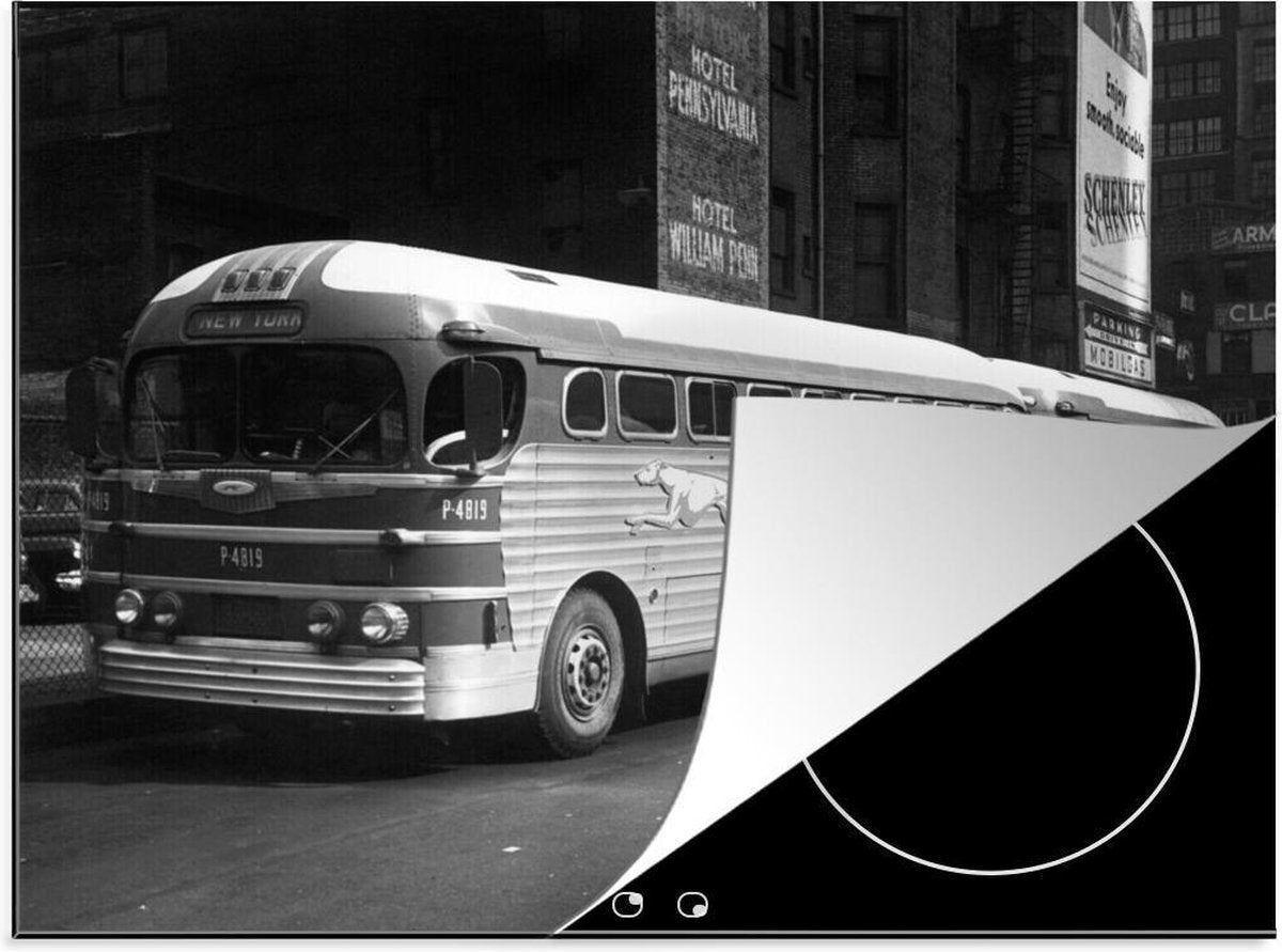 Luxe inductie beschermer Vintage bus - 60x52 cm - Vintage bussen in New York in zwart-wit  - inductiebeschermer