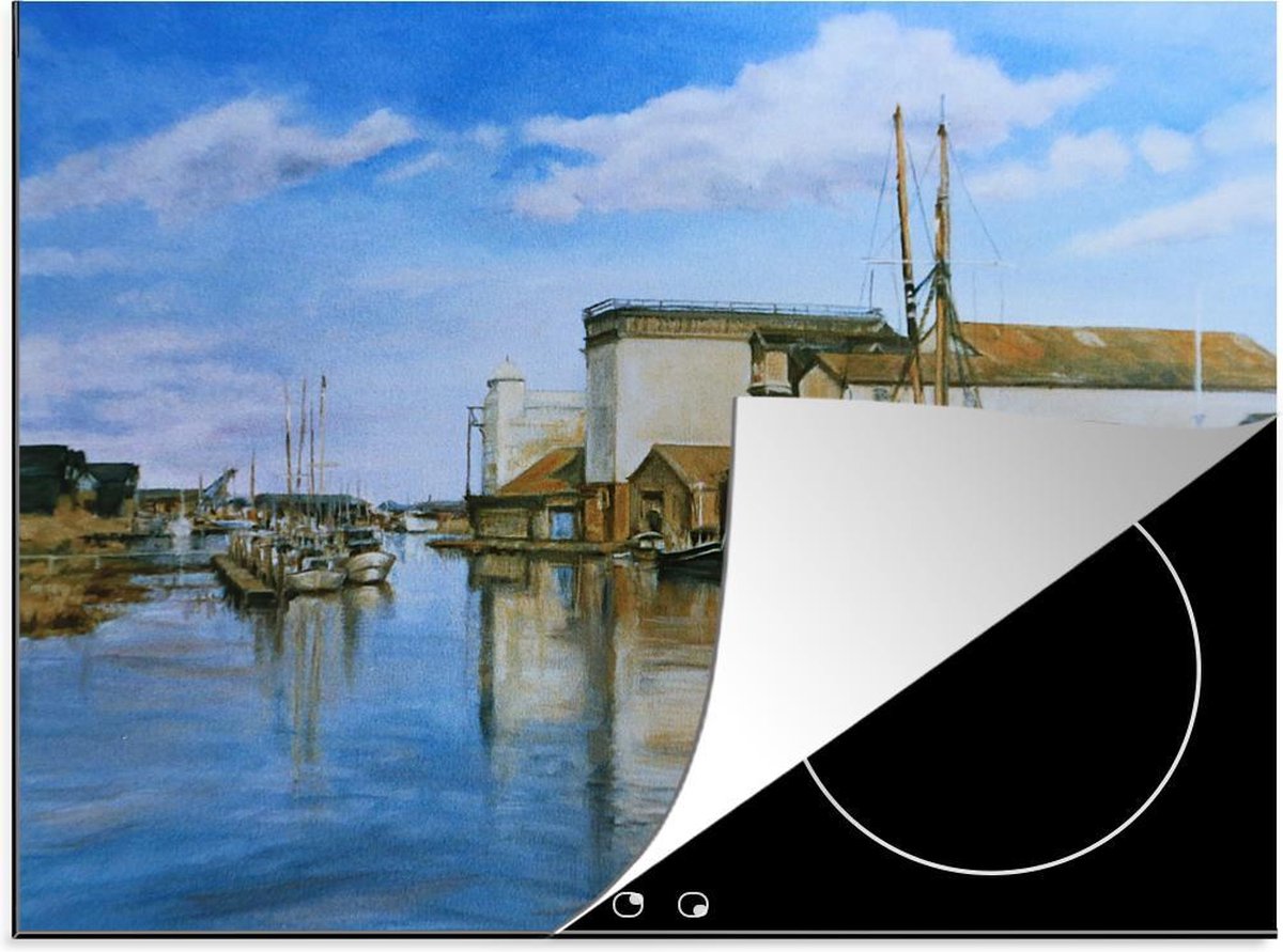 Luxe inductie beschermer Olieverf - 60x52 cm - olieverf schilderij van haven  - inductiebeschermer
