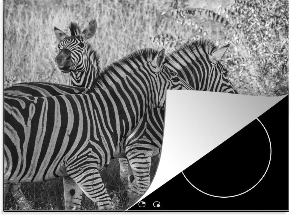 Luxe inductie beschermer Zebra in zwart wit - 60x52 cm - Drie grazende zebra's  - inductiebeschermer