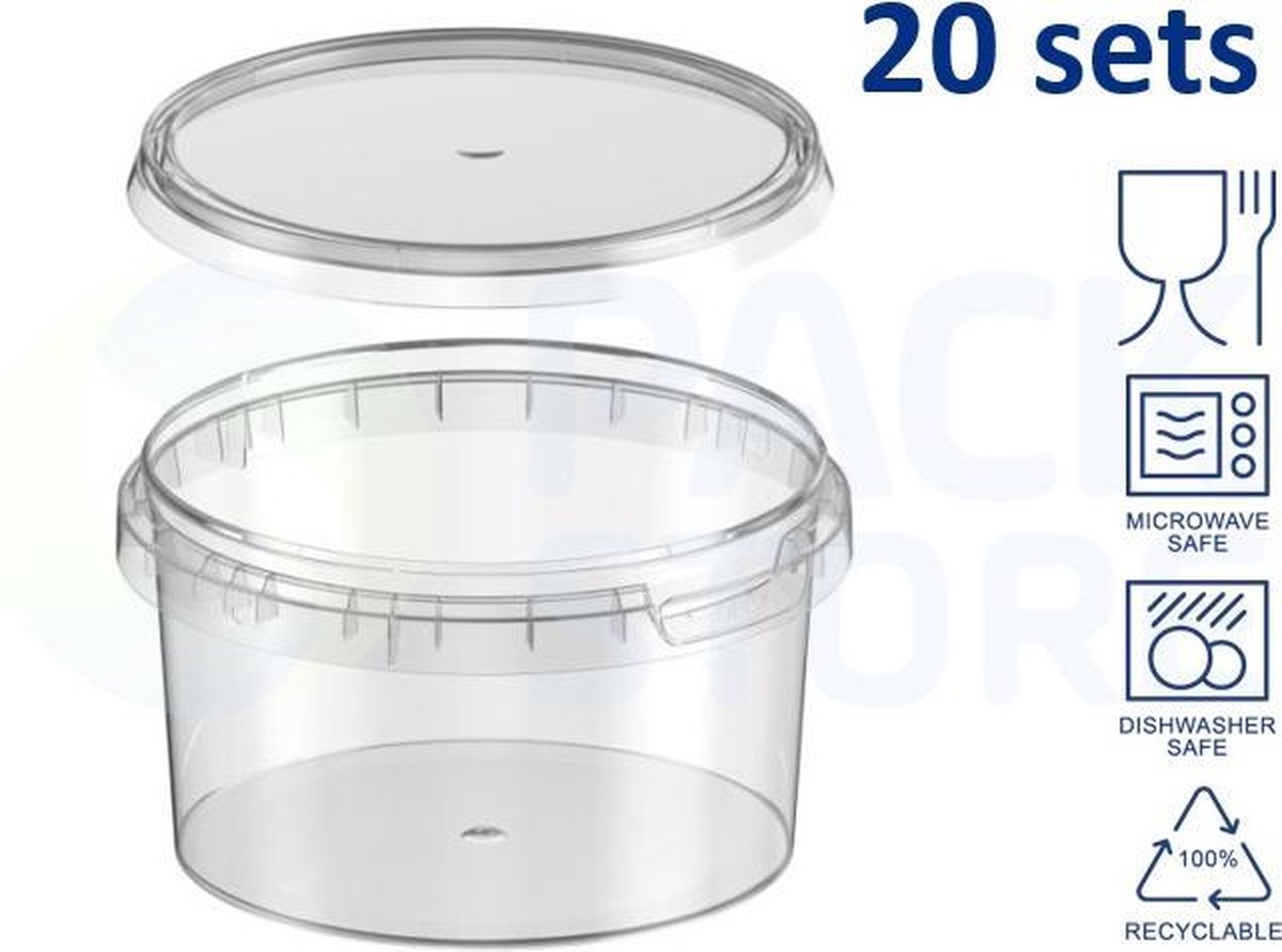 20 x Plastic vershoudbakjes met deksel - 480 ml - rond ø118mm - Transparant - Geschikt voor diepvries