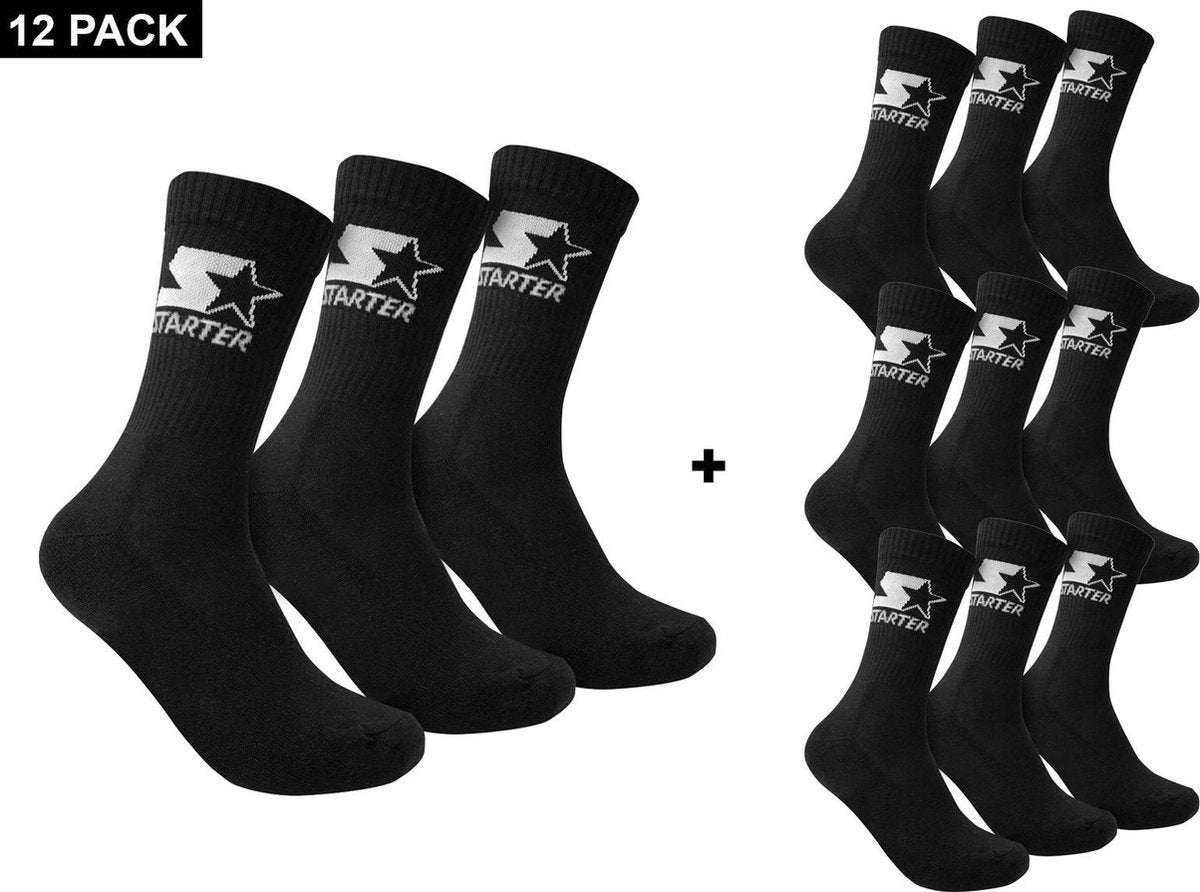 Starter 12-Pack Sportsokken - Zwarte Sokken Unisex - maat  35 - 38