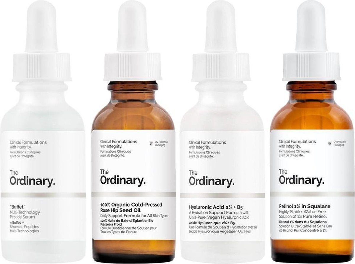 The Ordinary Anti-Aging quadruple set | Buffet | 100% Organic Cold-Pressed Rose Hip Seed Oil | Hyaluronic Acid 2% + B5 serum | Retinol 1% in Squalane | Egale teint | glanzende huid | Hydraterend | Tegen pigmentvlekken | Anti-rimpels