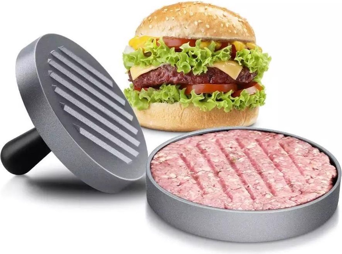 Hamburgerpers | Hamburger | Hamburgermaker | Antiaanbaklaag | BBQ set | Grijs | RVS |