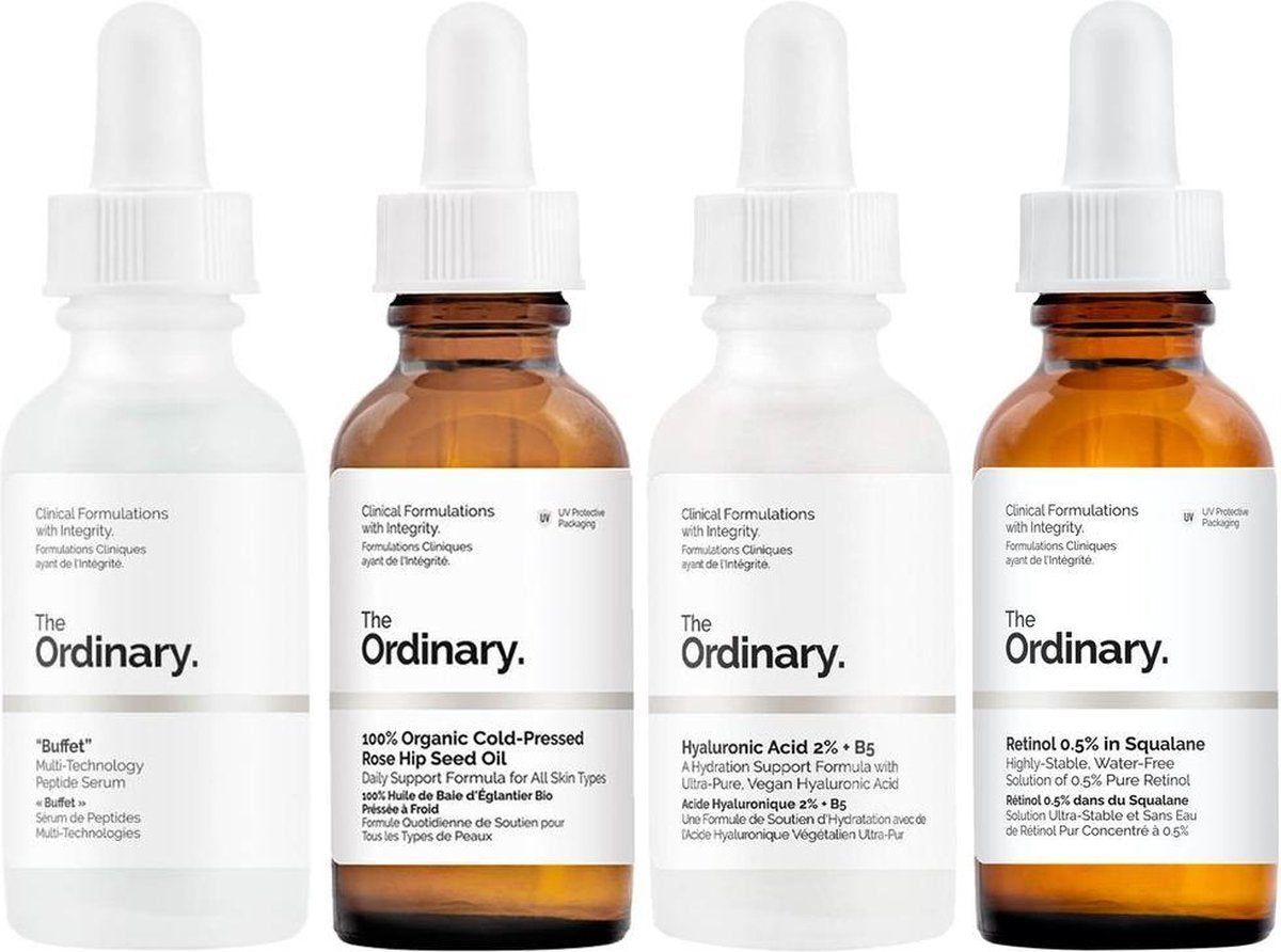 The Ordinary Anti-Aging quadruple skincare | Buffet | 100% Organic Cold-Pressed Rose Hip Seed Oil | Hyaluronic Acid 2% + B5 serum | Retinol 0.5 in Squalane | Egale teint | Hydraterend | Anti-aging | Tegen pigmentvlekken | Anti-rimpels