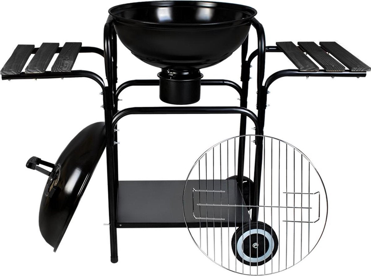 Luxe Tuingrill Barbecue - Houtskoolgrill - Rond Staande Grill met Deksel - Camping Party Outdoor Grill - Verrijdbare - Houtskoolbarbecue met Wielen - Barbecue met Afneembare Asbak - BBQ met Deksel en planken - Zwart