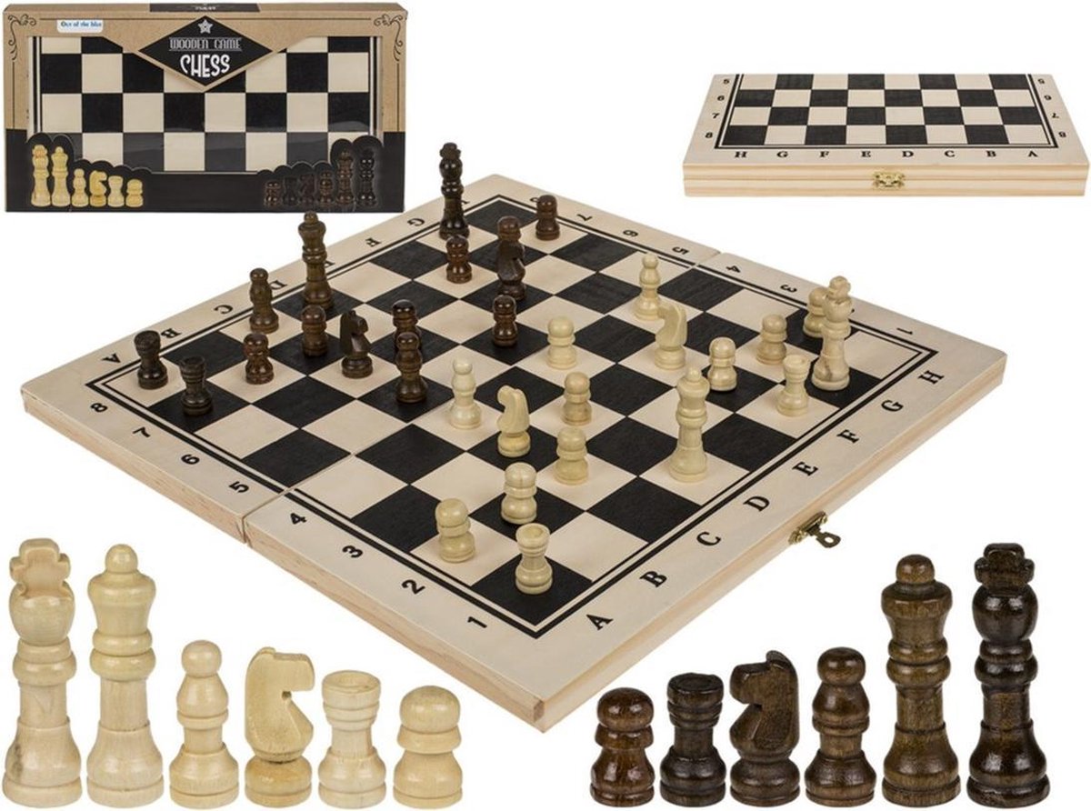 Houten schaakspel met schaakstukken en opvouwbaar bord 34 x 34 cm - Denkspellen - Schaken