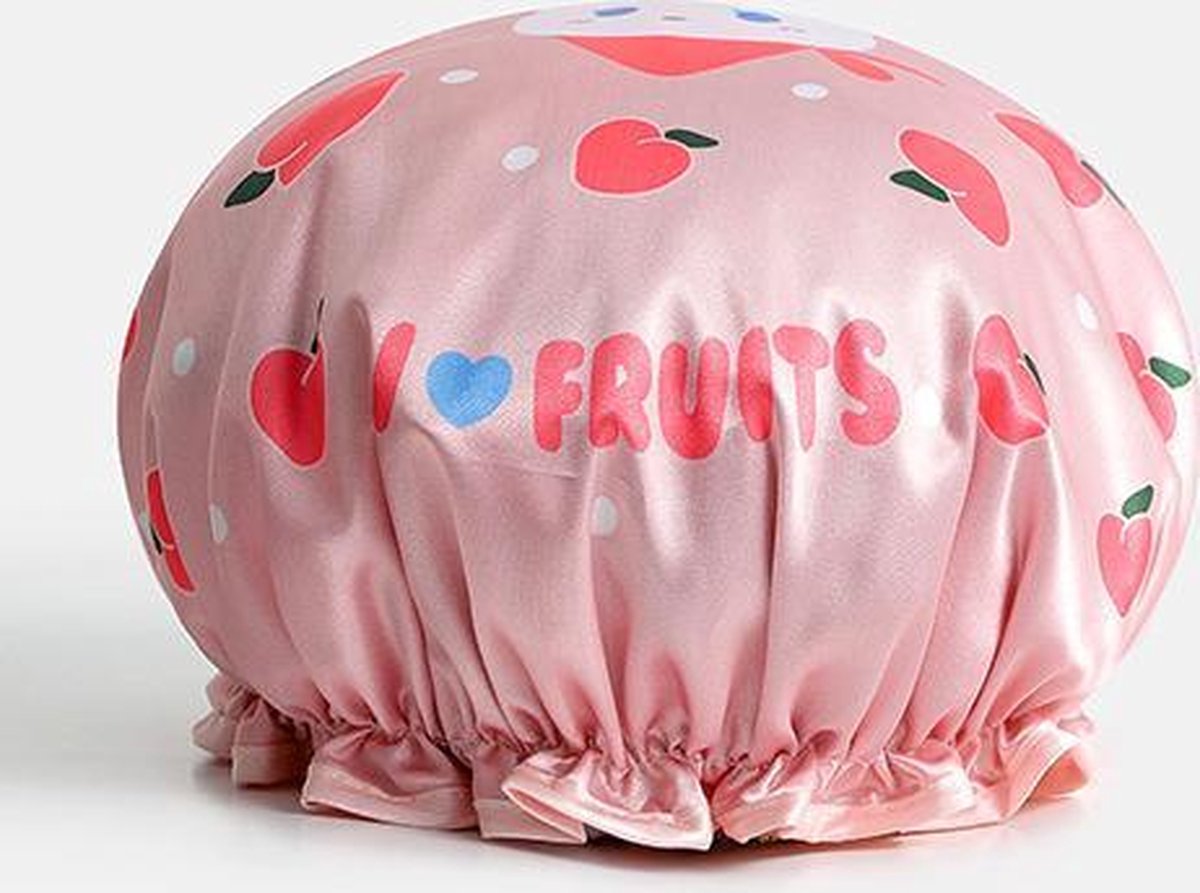 Douchemuts Kind Meisje Waterproof - waterdicht (1-10 jaar) - badmuts Roze met Poes en Fruit - douchekap