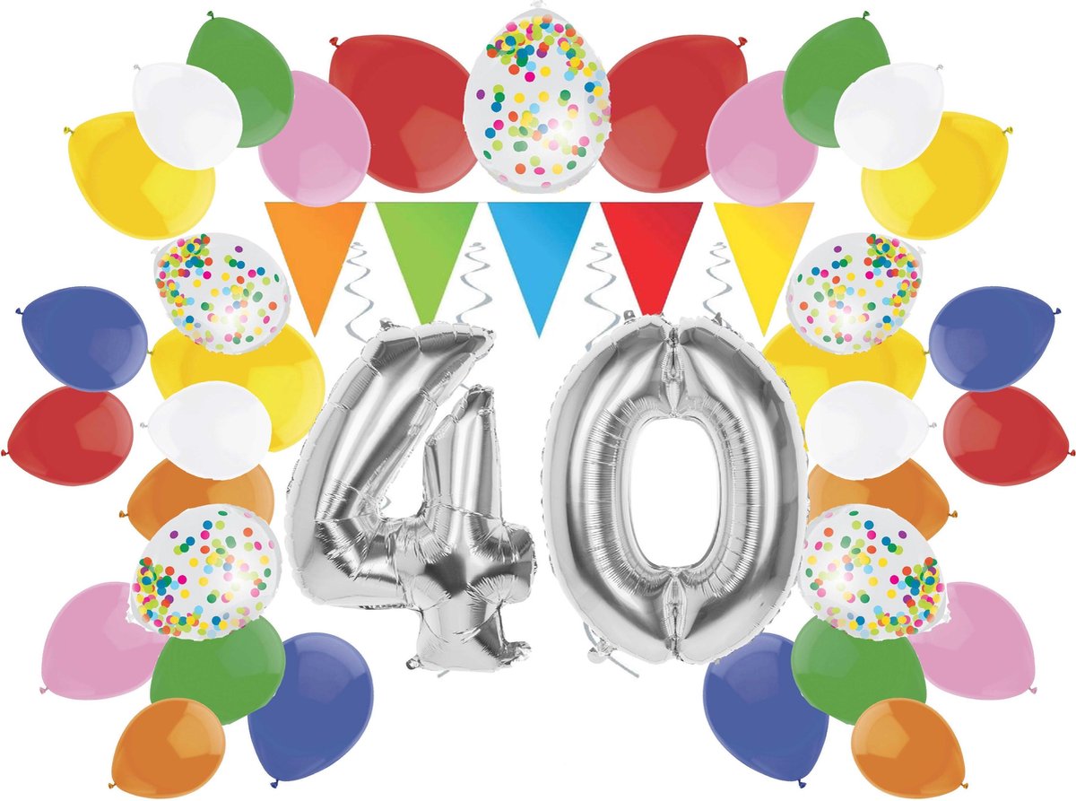 e-Carnavalskleding.nl Feestversiering pakket zilver 40 jaar | Versiering 40e verjaardag | 40 jaar feestversiering pakket zilver compleet | Leuk pakket zilver met feestartikelen voor de 40e verjaardag Medium