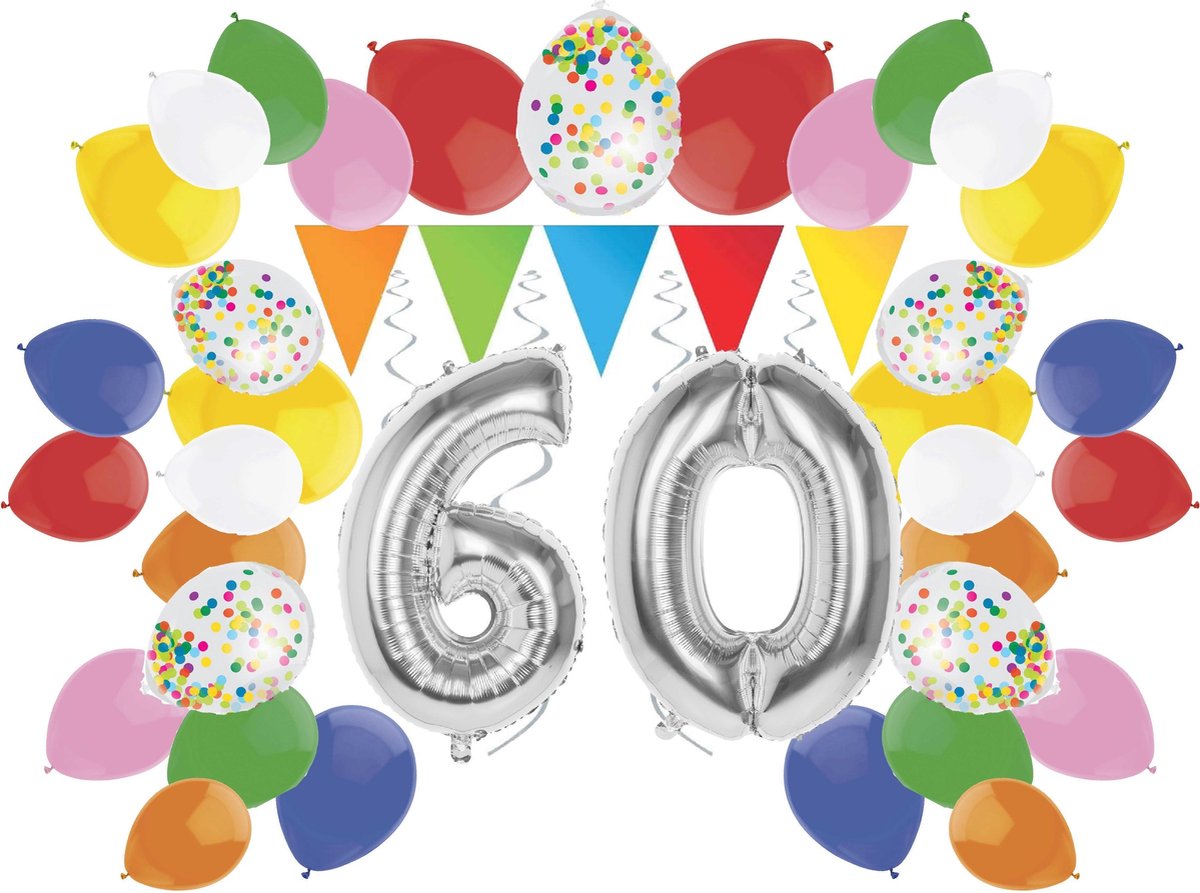 e-Carnavalskleding.nl Feestversiering pakket zilver 60 jaar | Versiering 60e verjaardag | 60 jaar feestversiering pakket zilver compleet | Leuk pakket zilver met feestartikelen voor de 60e verjaardag Medium