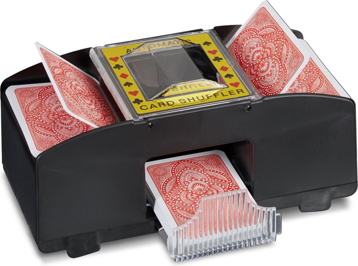 relaxdays kaartenschudmachine elektrisch - 2 decks - kaartenschudder batterijen - zwart