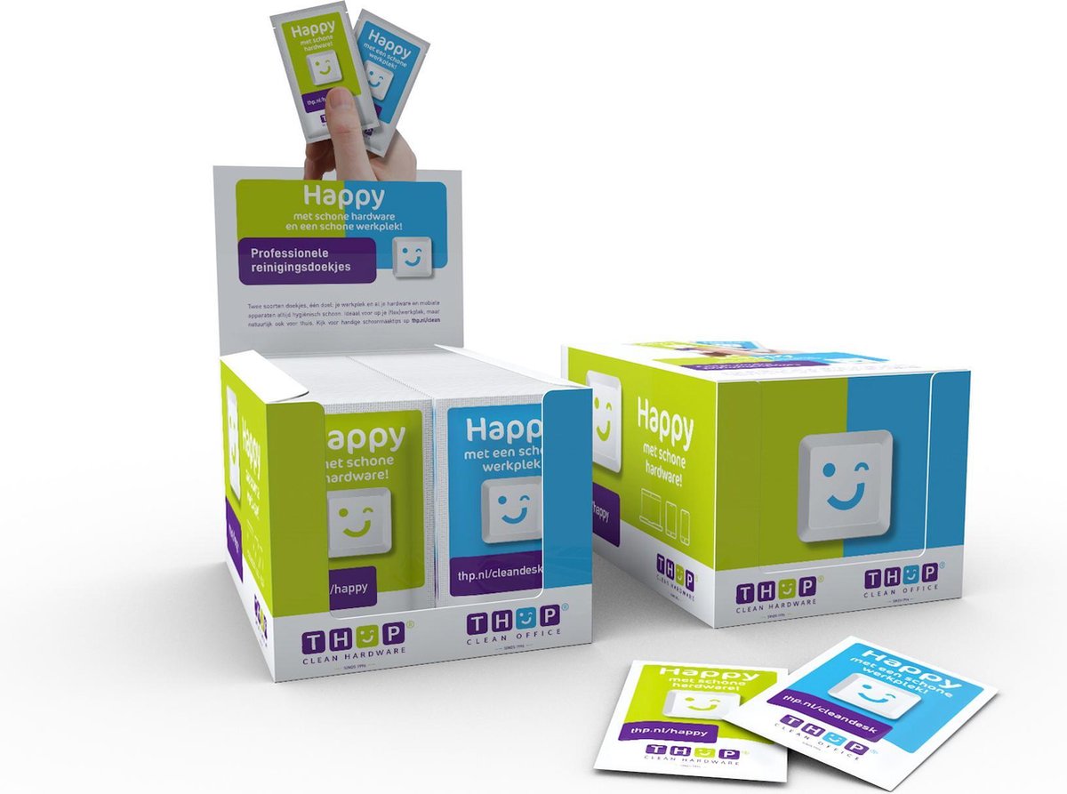 100 X Professionele reinigingsdoekjes combi doos voor o.a. beeldscherm/werkplek/toetsenbord/bureaustoel van THP - 100 stuks in displaydoos - Happy met een schone werkplek