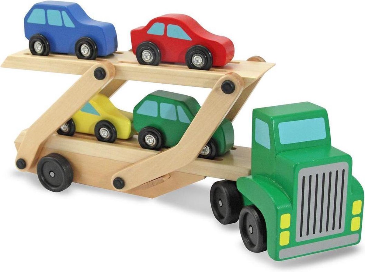 Houten autotransporter | met 4 auto's | Houten Auto oplegger | speelgoedauto