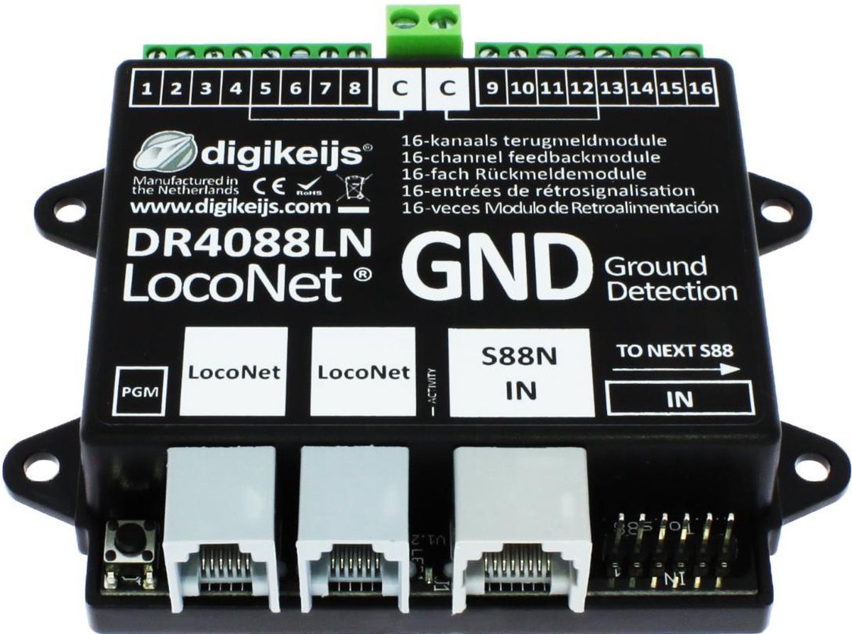 DR4088LN-GND (3R) 16-kanaals S88N terugmeldmodule met LocoNet