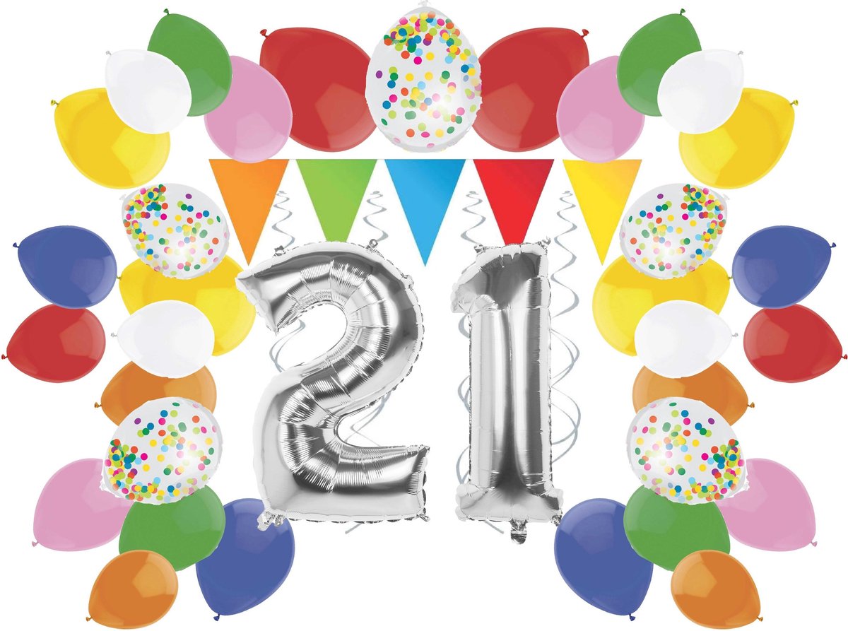 e-Carnavalskleding.nl Feestversiering pakket zilver 21 jaar | Versiering 21e verjaardag | 21 jaar feestversiering pakket zilver compleet | Leuk pakket zilver met feestartikelen voor de 21e verjaardag Medium