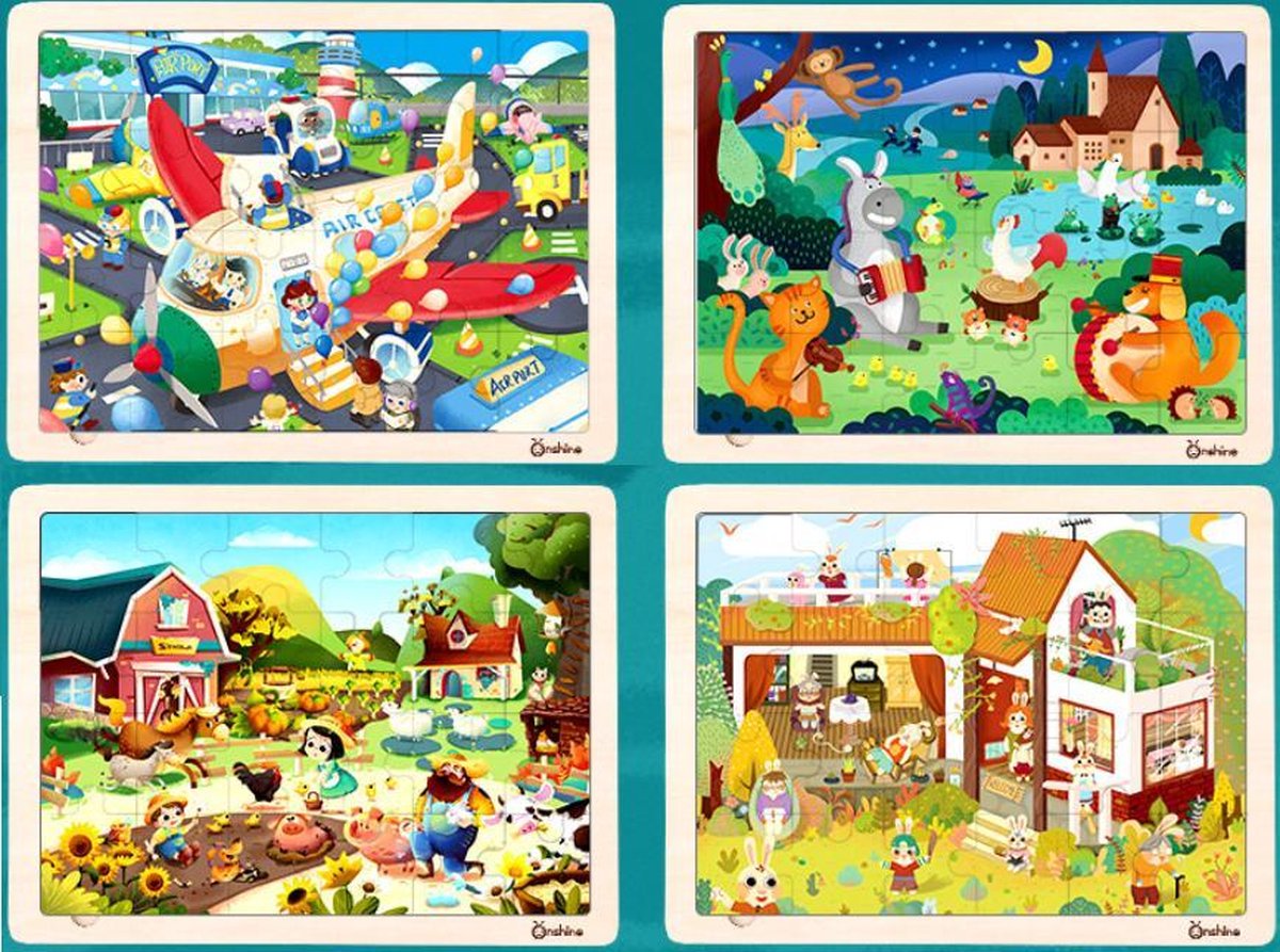 Onshine - 4 verschillende sets 24 stukjes hoge kwaliteit lasergesneden houten puzzel met leuke standaards - Oom Jack's Boerderij & Luchthavenfeest & Muzikanten van Bremen & Konijnenfamilie - kinderpuzzel dieren