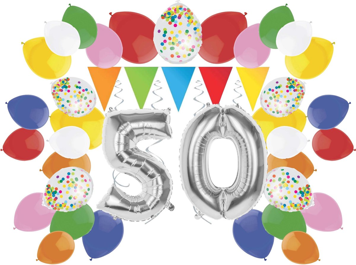e-Carnavalskleding.nl Feestversiering pakket zilver 50 jaar | Versiering 50e verjaardag | 50 jaar feestversiering pakket zilver compleet | Leuk pakket zilver met feestartikelen voor de 50e verjaardag Medium