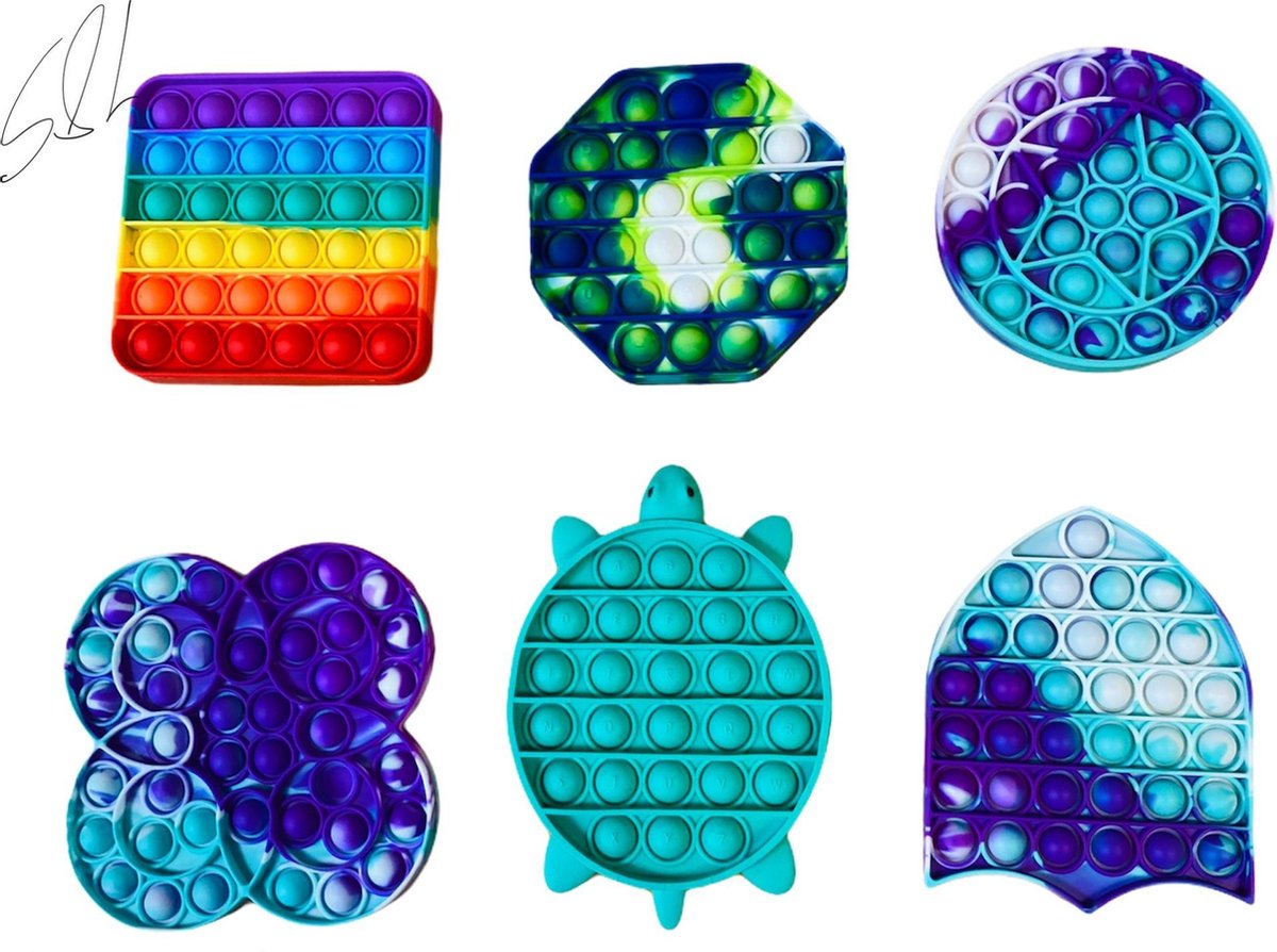 fidget toys van 6 stuks fidget toys pakket onder de 15 euro verschillende vormen type B waarin 1x pop it regenboog 1 pop it alfabet  -  en de rest pop it - fidget toys tiktok Instagram facebook