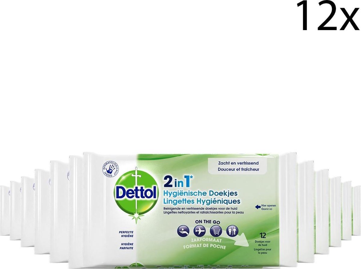 Dettol Hygienische Doekjes 2 in 1 - Handig voor onderweg - 12 x 12 stuks