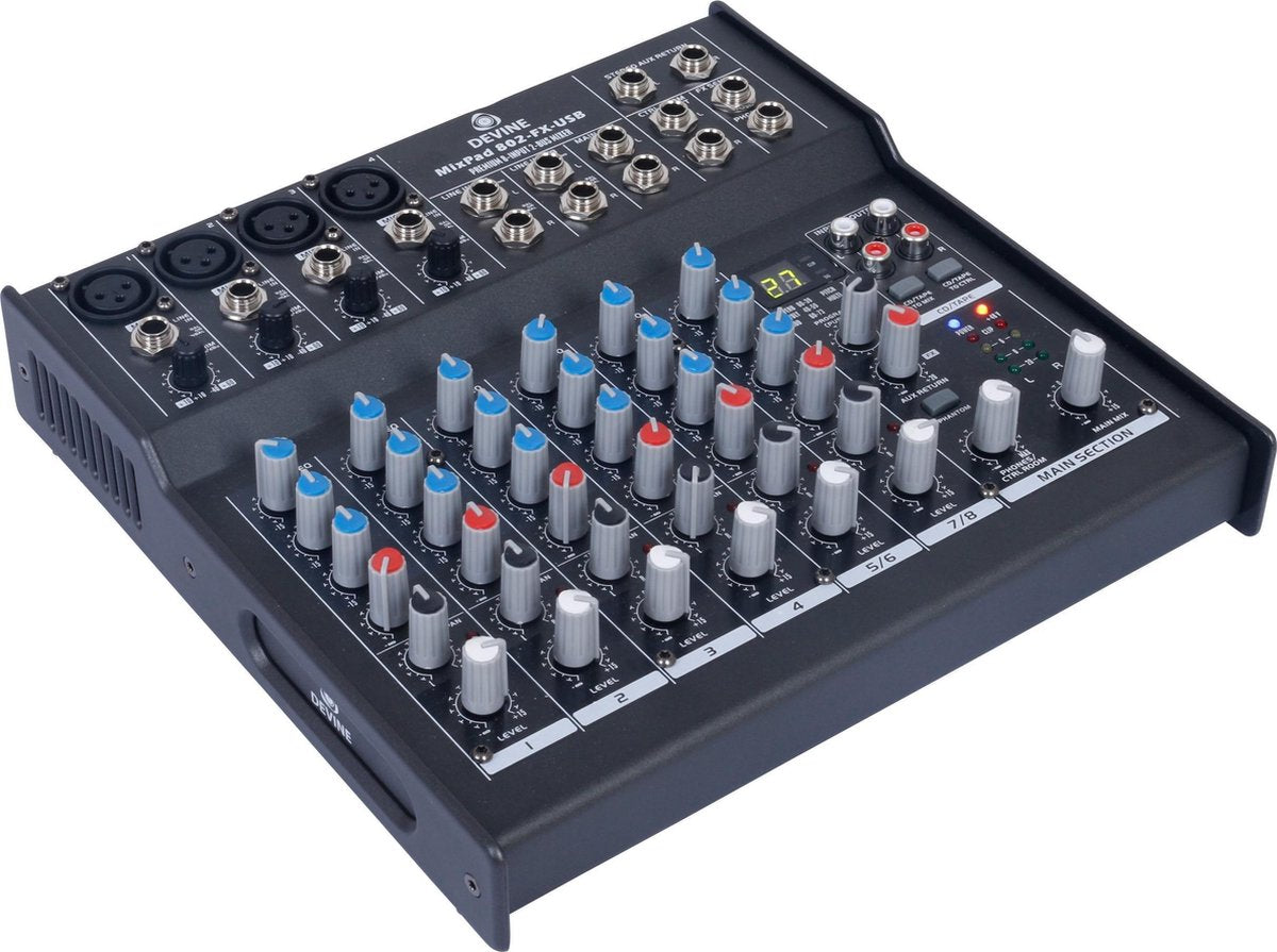 De Devine MixPad 802-FX-USB is een veelzijdige mixer geschikt voor professionele doeleinden. Voor het creëren van de perfecte mix voor live optredens of in de studio is de MixPad een uitstekende keuze!