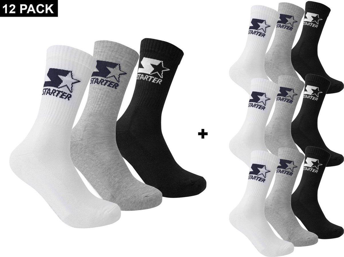Starter 12-Pack Sportsokken - Grijs/Wit/Zwart - Heren Sokken - maat  43 - 46