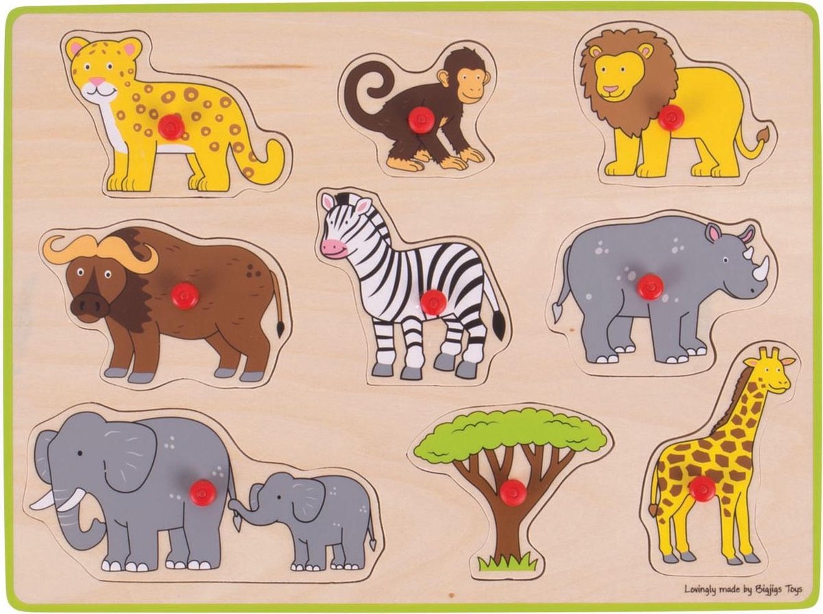 Bigjigs houten knoppuzzel Safari - 9 stukjes
