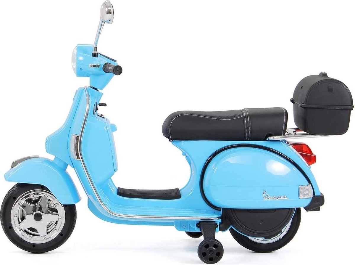 Elektrische Kinderscooter Vespa PX150 Piaggio Blauw 12V met Koffer en Lederen zitting