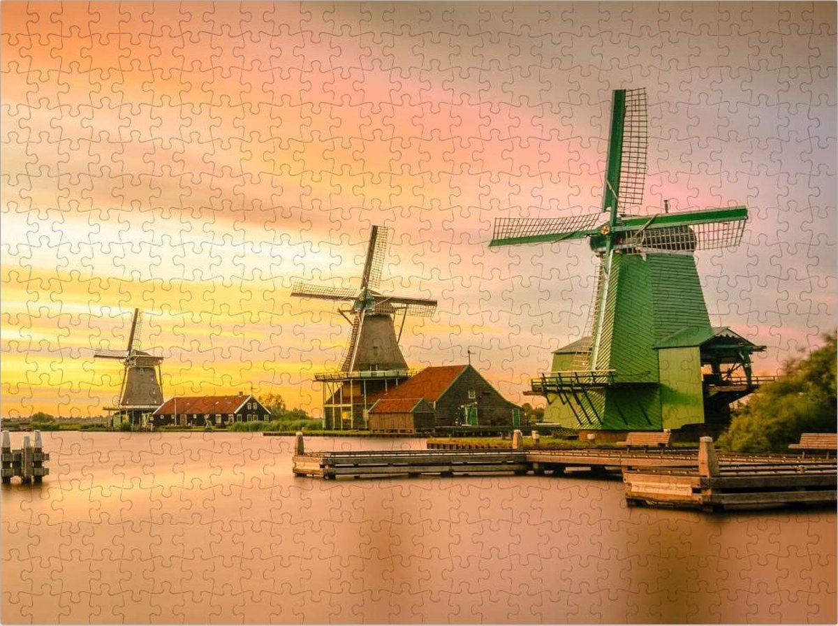 Windmolens in Nederland - Lastige Puzzel 500 Stukjes | Windmolens Puzzel - Zaandam - Zonsondergang