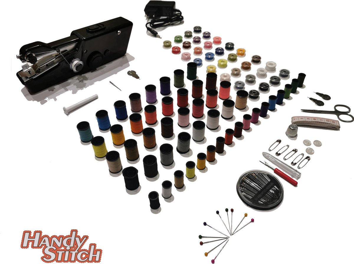 Handy Stitch - PREMIUM Handnaaimachine met Adapter en 140 Delige Starteskit - Compact - Draadloos - Draagbare reis naaimachine - Incl. 82 Spoelen garen - Elektrisch of op Batterijen