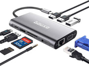 Douxe 10-in-1 USB-C Hub Adapter - Compatible met Apple Macbook Pro / Air / iMac / Mac Mini / Google Chromebook / Windows / HP / ASUS / Lenovo - Type-C Kabel naar 4K HDMI Converter - LAN Gigabit Ethernet - Thunderbolt 3 - USB 3.0 - 3.5mm Jack