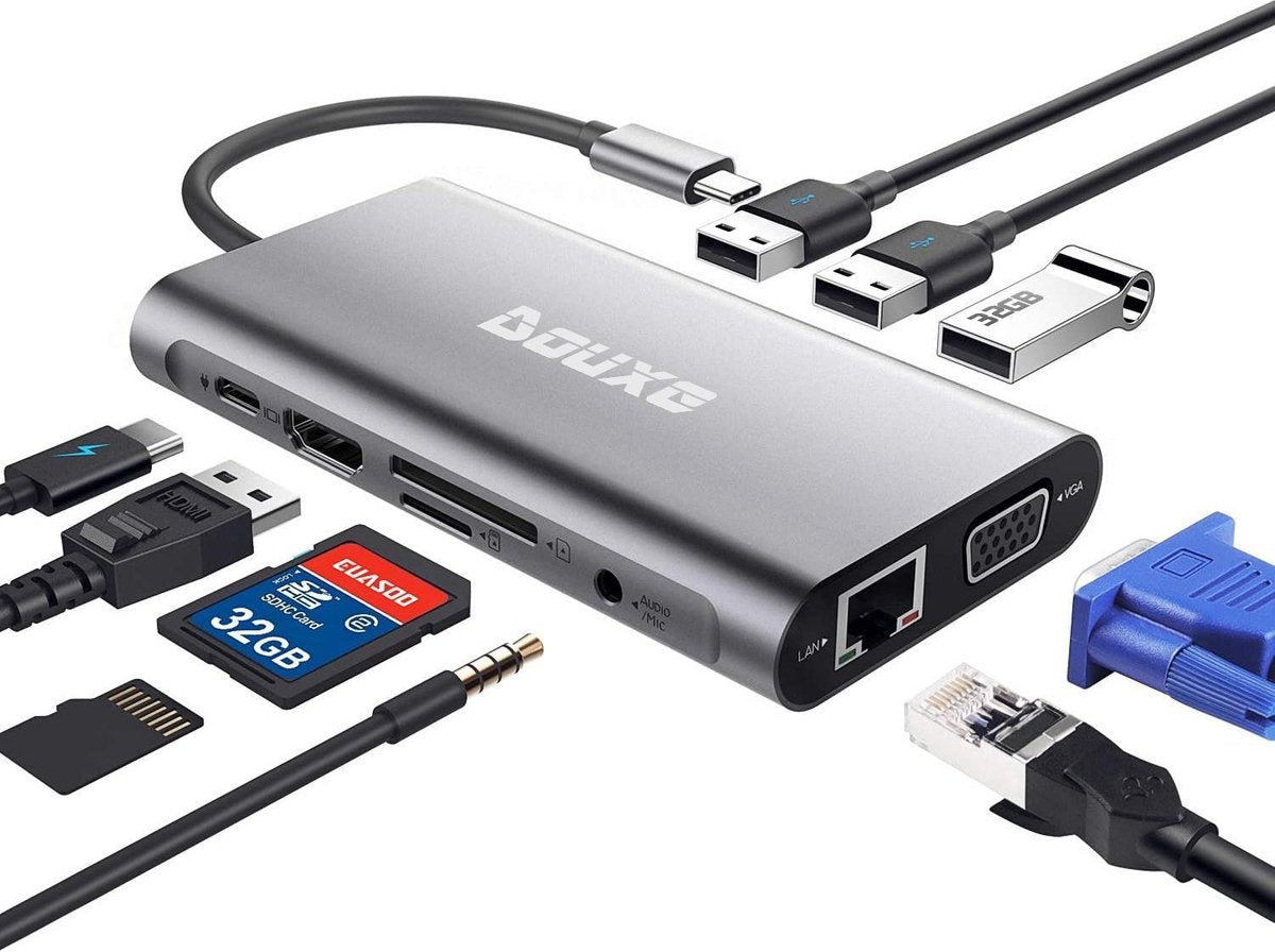 Douxe 10-in-1 USB-C Hub Adapter - Compatible met Apple Macbook Pro / Air / iMac / Mac Mini / Google Chromebook / Windows / HP / ASUS / Lenovo - Type-C Kabel naar 4K HDMI Converter - LAN Gigabit Ethernet - Thunderbolt 3 - USB 3.0 - 3.5mm Jack