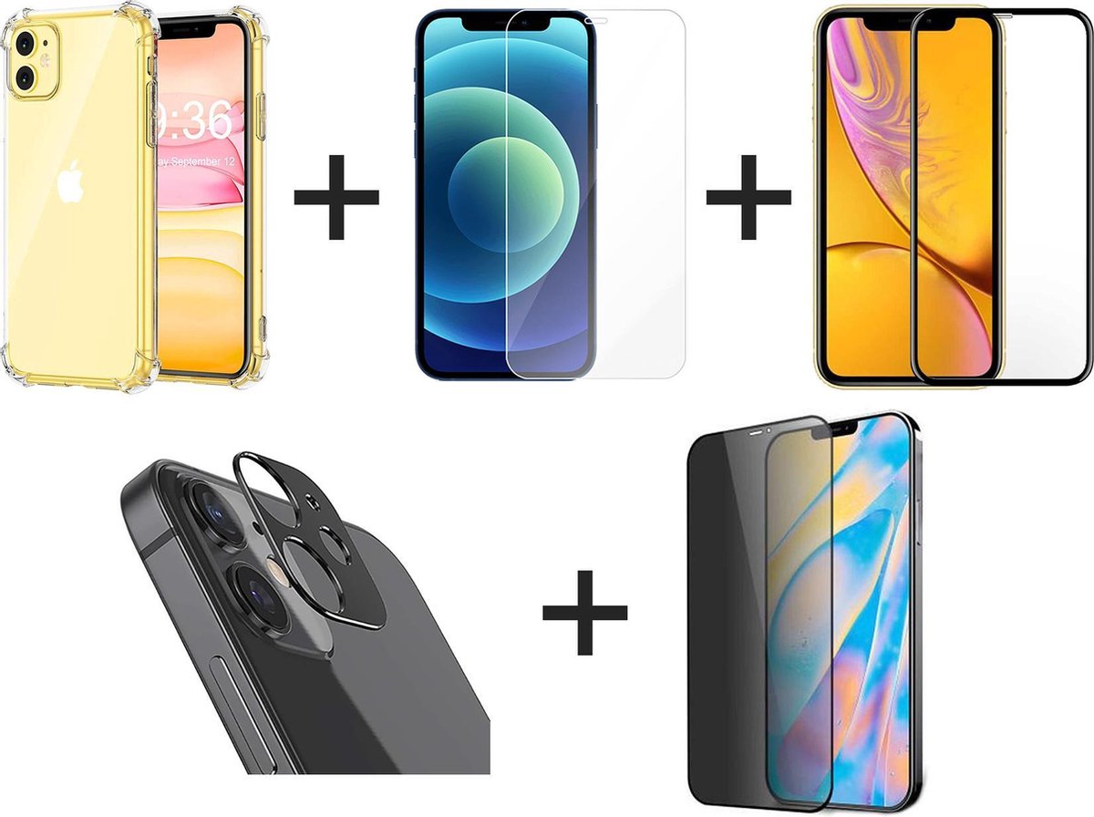 iPhone 12 Mini Hoesje COMBI DEAL - 1x Hoesje Shockproof Transparant - 1x Screen Protector - 1x Screen Protector Full Cover - 1x Privacy Screen Protector - 1x Camera Screen Protector