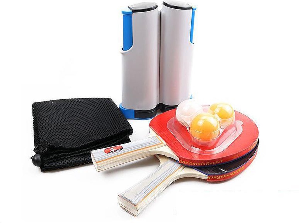 Tafeltennis set - Uitschuifbaar tafeltennisnet - Pingpong set - Tafeltennisbatjes - Tafeltennisballen - Complete set - Reisset - Uitschuifbaar op tafel - Verstelbaar tot 180cm - Grijs met blauw