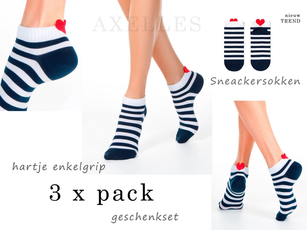 Sneakersokken hartje-grip enkelboord (gestreept)