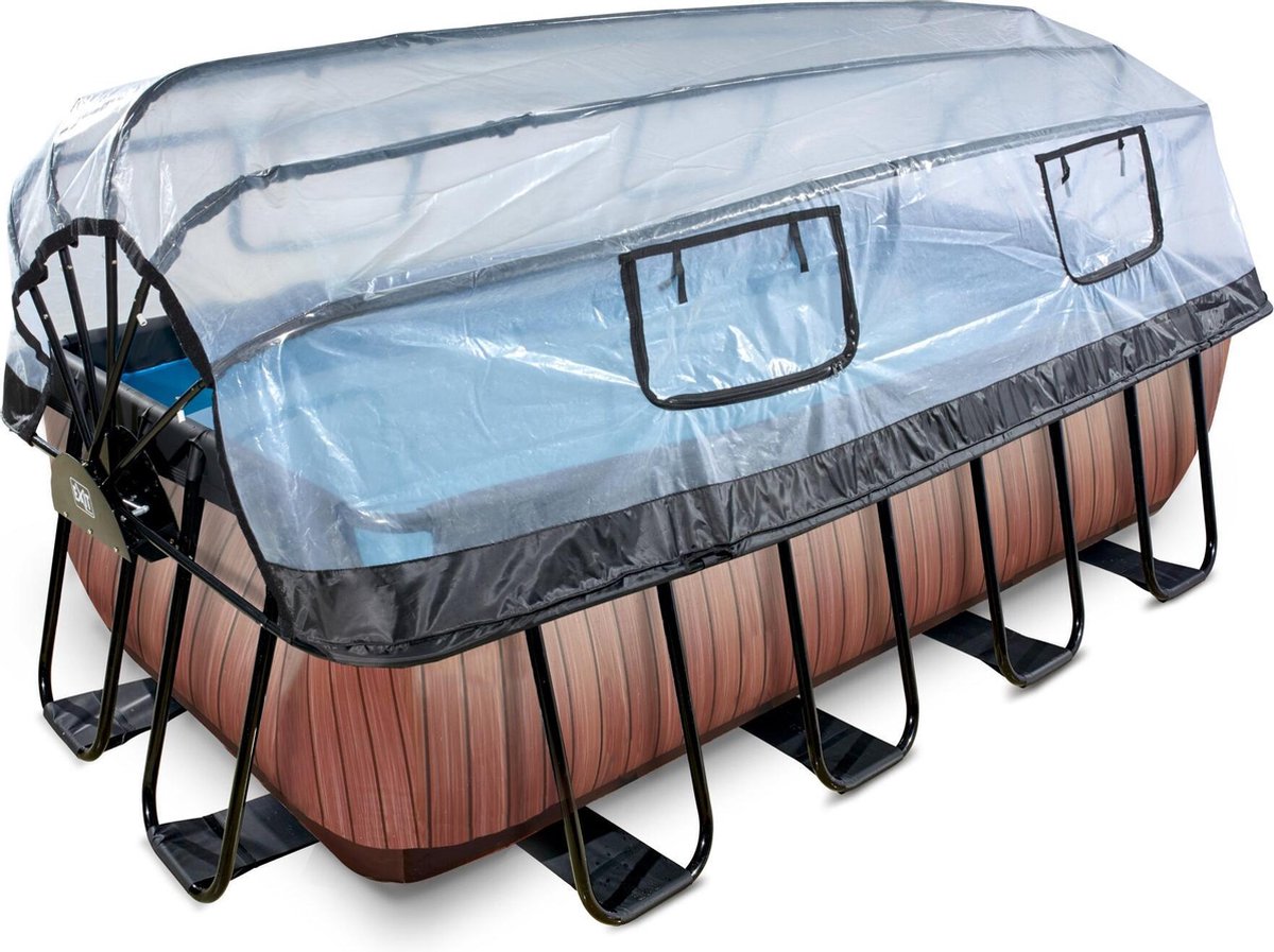 EXIT Wood zwembad 400x200x122cm met overkapping en zandfilter- en warmtepomp - bruin