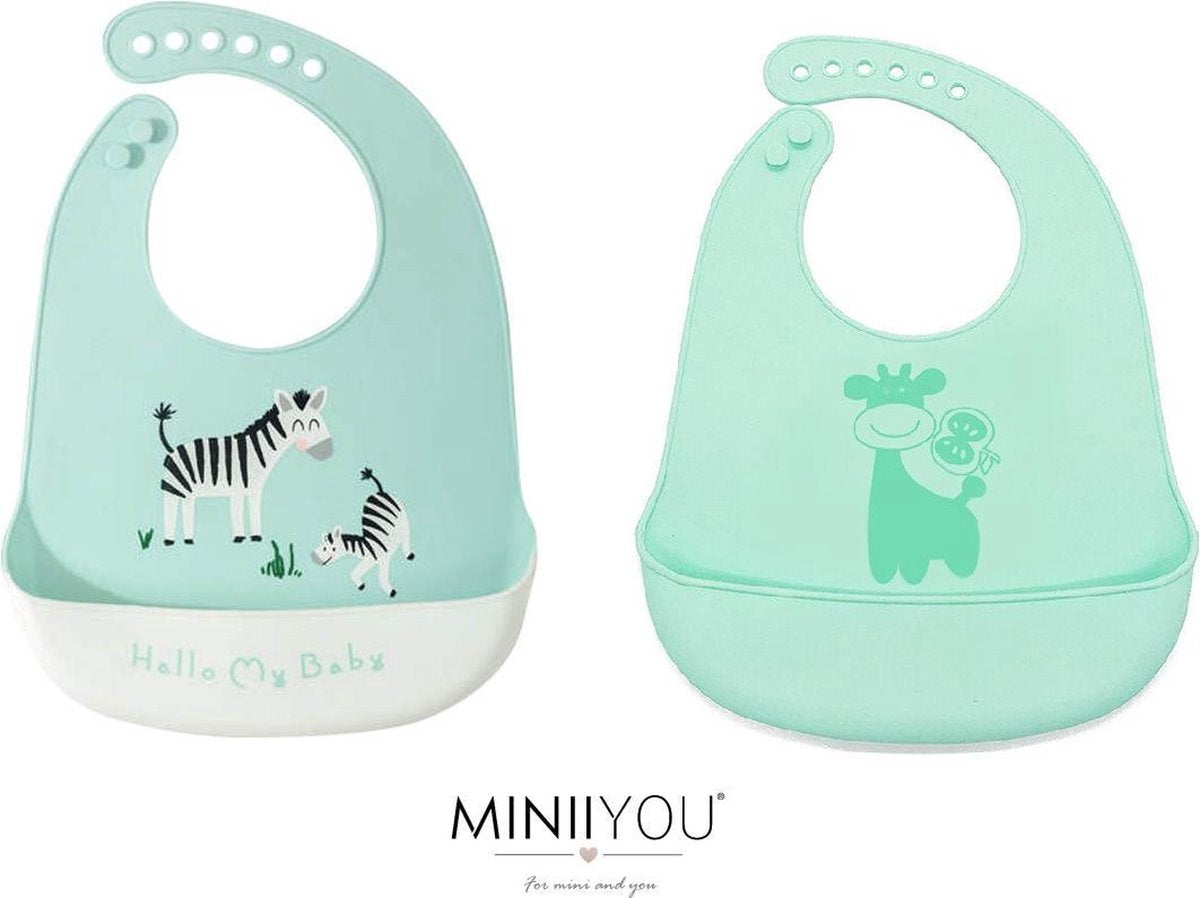 2 stuks - Siliconen slabbetjes met opvangbak - Zebra giraf mintgroen - baby en peuter - BPA vrij - wasbaar