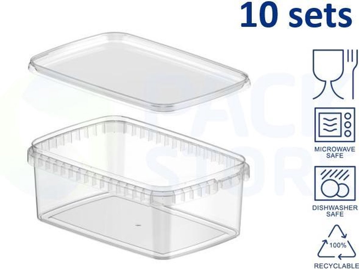 Plastic bakjes rechthoekig - 1200ml - 10 stuks - Transparant met deksel