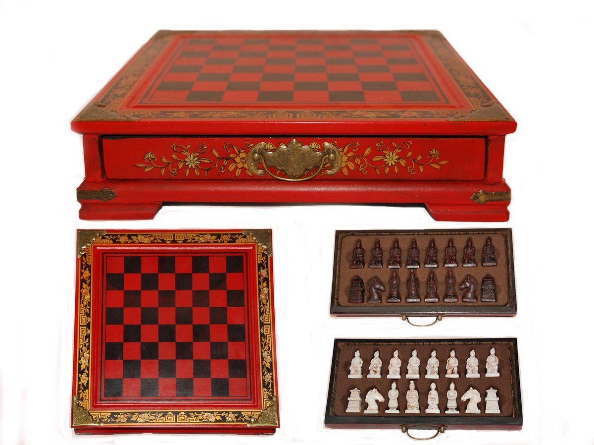 Terracotta schaakbord-Met Schaakstukken-Hout